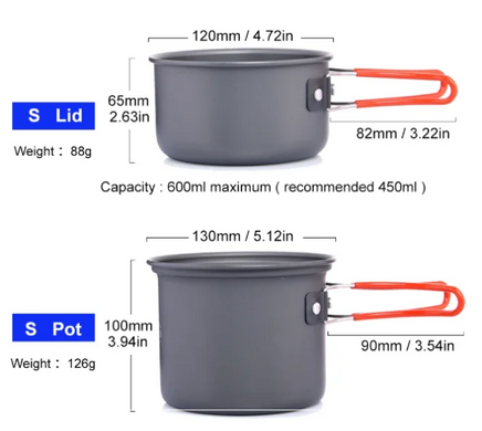 Туристический набор посуды Widesea на 1-2 персоны (1 + 0,6 л, масса 214 грамм), анодированный алюминий